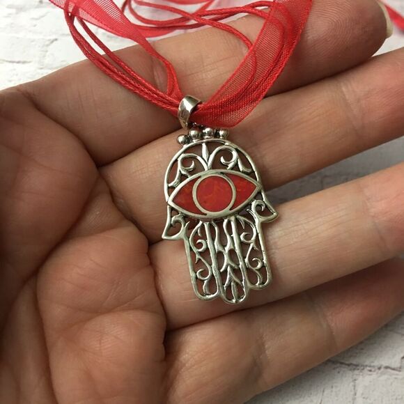 Hamsa Red Coral Sterling Silver Pendant Necklace - Picture 4 of 4